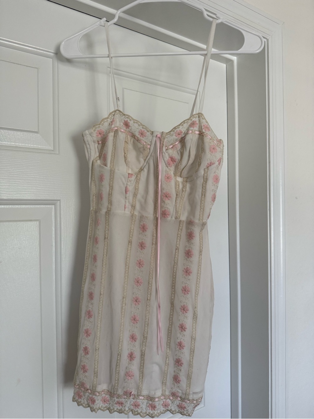 Forever 21 Cream Slip Dress with Pink Floral Embroidery